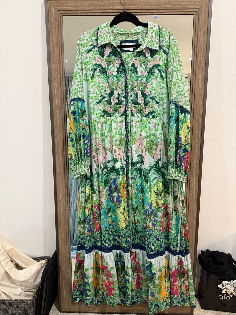 Anthropologie Eleanora Floral Maxi Shirt Dress - Green Tropical Print XLP
